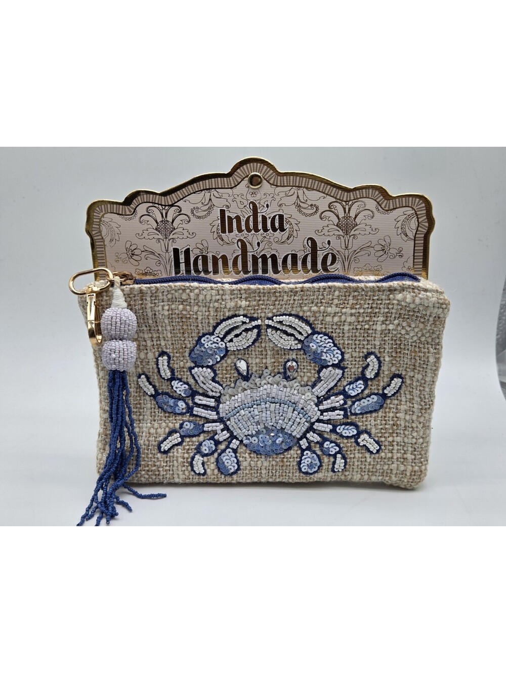 NWT Handmade India Beaded Crab Clutch Pouch Blue White Coastal Beach Zip Bag